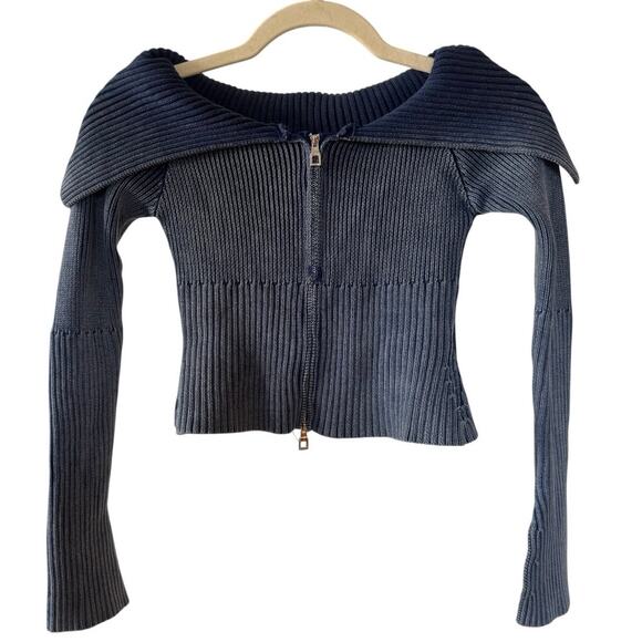 Unbranded Sweaters - Double Zipper Crop Knit Sweater Wide Collar Off Shoulder- XS Y2K Model Off Duty